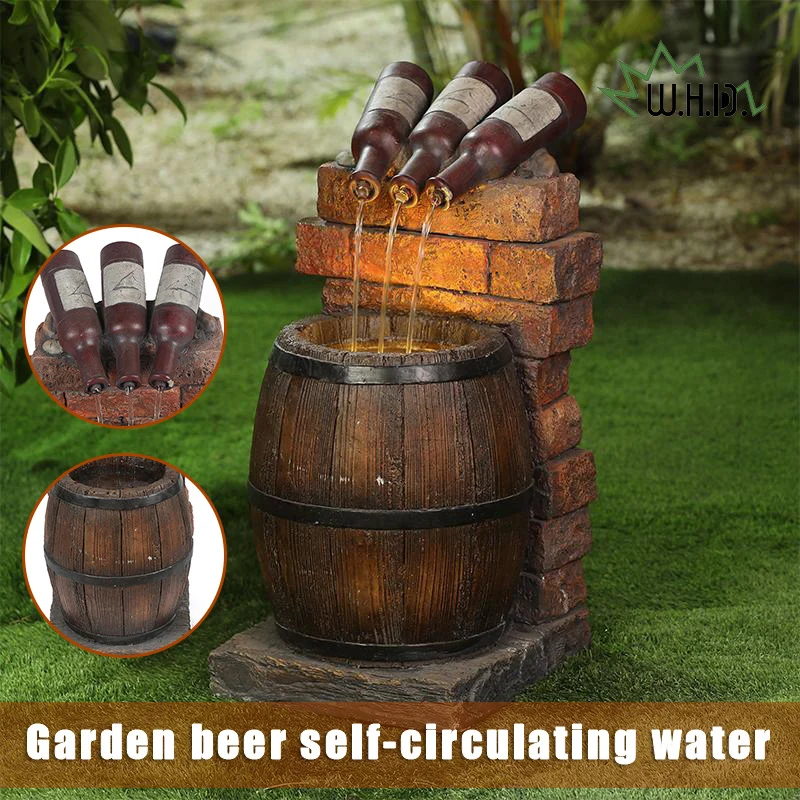 

Resin Wine Bottle and Barrel Outdoor Water Fountain Sculpture Rustic Yard & Garden Waterfall Decoration