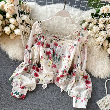 

Women Square Neck Crowd Irregular Ruffle Stretch High Waist Chiffon Shirt Lady Long Sleeve Print Elegant Blouse Tops G1479