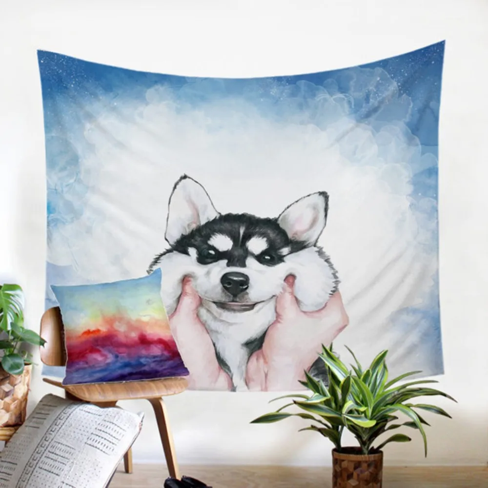 

Cute Cartoon Dog Husky Puppy Wall Hanging Tapestry Fabric for Kids Adults Watercolor Animal Printed Decor Tapestry Tablecloth
