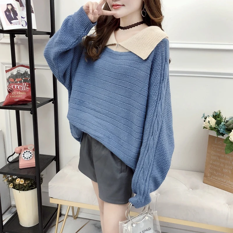 Woherb Off Shoulder V-neck Sweater Women Jumper Long Sleeve Contrast Color Knit Winter Pull Femme Autumn Elegant Pullover