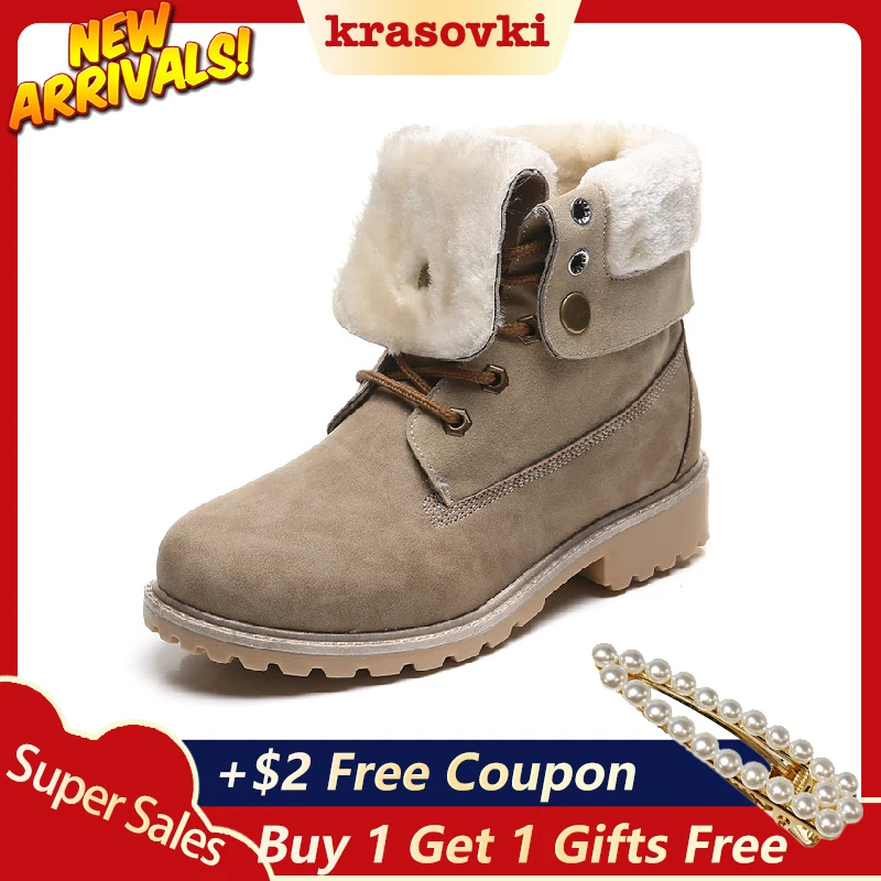 

Krasovki 2019 Winter Boots Fur Turn Over Boots Women Plush Warm Fashion Ankle Shoes Platform Booties Female Ladies Boots