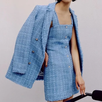

tweed women elegant blue blazers 2020 fashion ladies vintage loose blazer jackets casual female streetwear suits girls chic