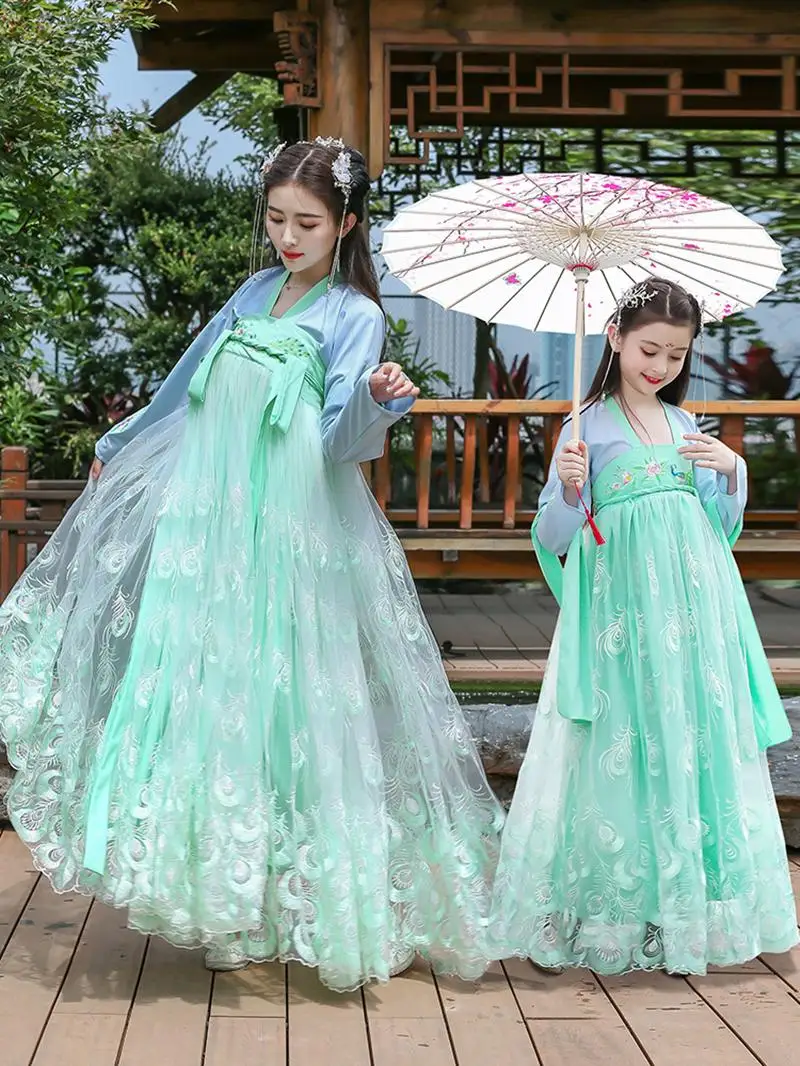 Платье для подиума с цветочным принтом для мамы и дочки, Hanfu,, вечерние платья для мамы и дочки, Семейные комплекты - Цвет: Light green