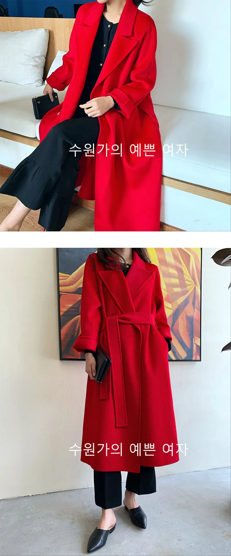 Autumn winter new water ripple wool coat female double-sided hand-stitched wool coat red jacket plus long loose type one size