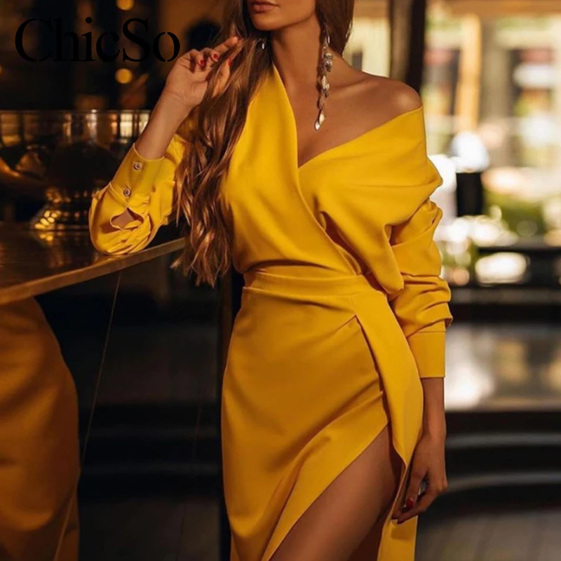 MissyChilli/желтое платье с длинным рукавом и v-образным вырезом; женское элегантное облегающее винтажное платье; сезон весна-лето; пикантные вечерние платья для ночного клуба