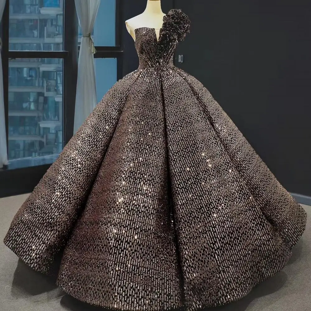 

DD JYOY Luxury Sequined Ball Gown Evening Dress Long Puffy Gown One Shoulder Long Prom Party Wear Lace Up Back Evening Gown