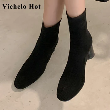 

Vichelo Hot flock round toe high heel short boots winter keep warm concise style solid French romantic elegant ankle boots L26