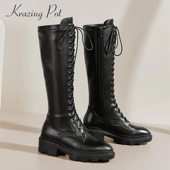 

Krazing Pot equestrian boots genuine leather cross-tied round toe thick high heel zipper beauty lady mature knee-high boots L5f1