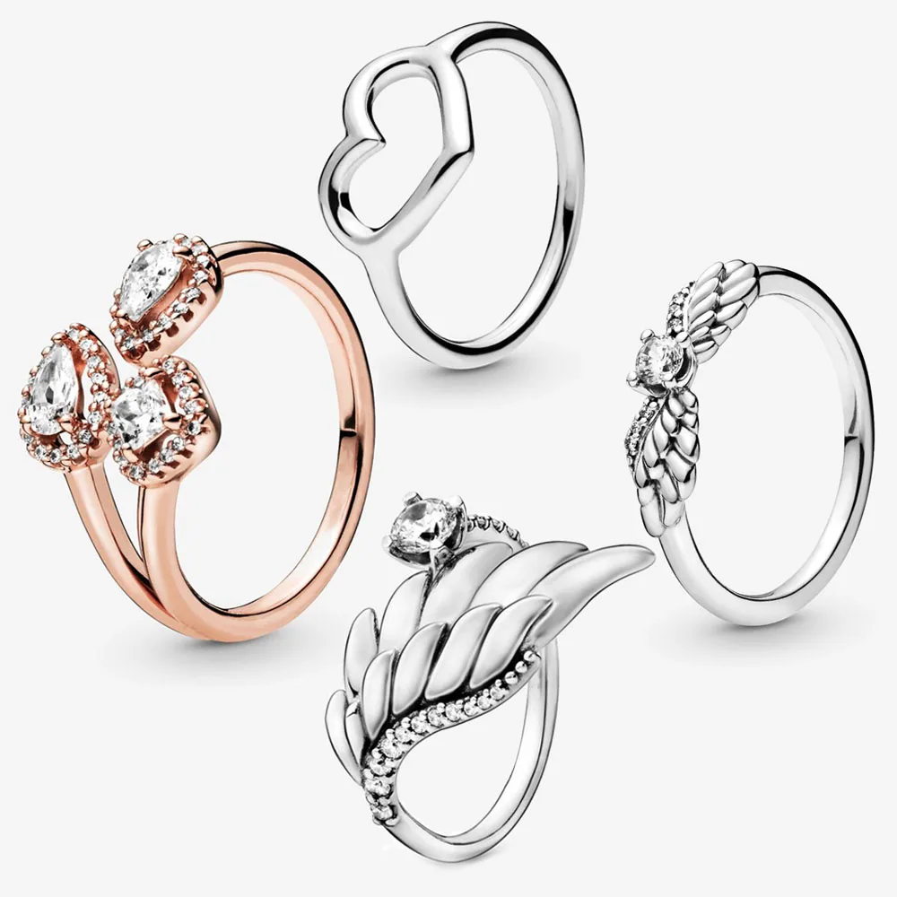

2019 Winter 925 Sterling Silver Sparkling Angel Wings Polished Open Heart Geometric Shapes Open Rings for Engagement Jewelry