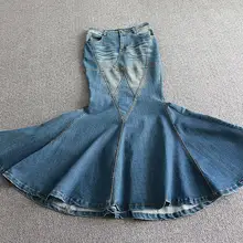 Большие джинсовые юбки с рыбьим хвостом, Женская длинная юбка в пол, лоскутные Юбки Русалки с оборками, джинсовые юбки с высокой талией