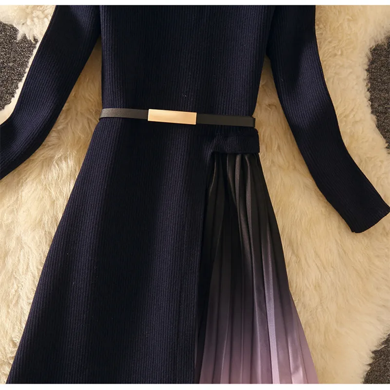 Autumn Winter Vintage Elegant Knit Long Sleeve Midi Bodycon Work Office Lady Dress Slim Formal Pleated Dress Spring 2020