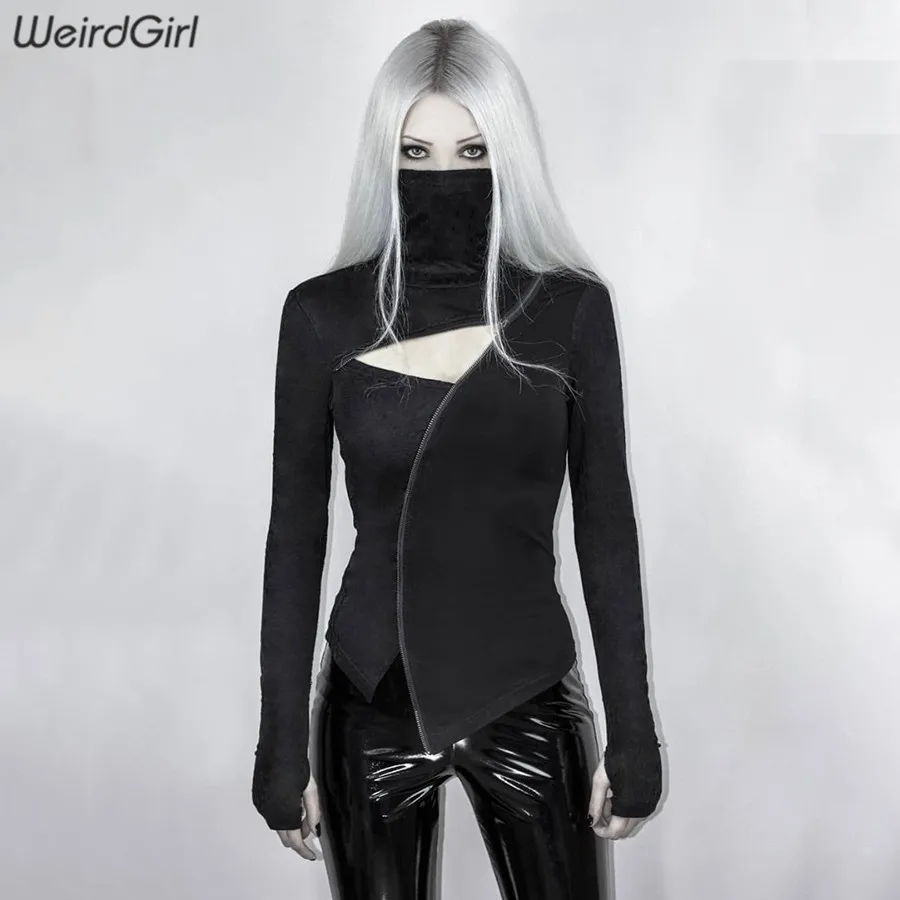 Weirdgirl/Новые осенние толстовки, модное крутое женское платье-водолазка с длинными рукавами, одежда на молнии с отверстиями для большого пальца, женские толстовки с капюшоном