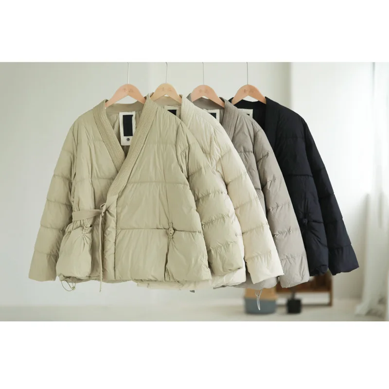 90 White Duck Down Jacket Super Soft V-neck Tie Design Slanted Buckle Jacket