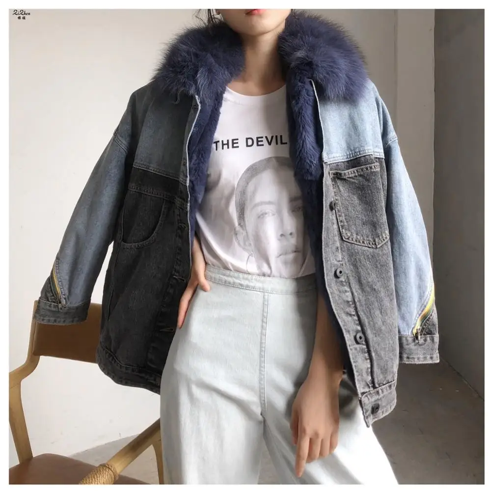 

ZiZhen Jacket Natural Rex Rabbit Lining Fur Double-faced Fur Pockets Denim Overcoat 190903-4