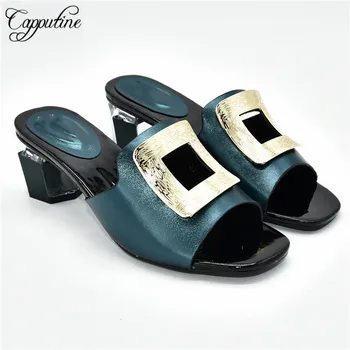 

Beautiful teal African slip-on high heel shoes with metal decoration 88-2 , heel height 6.5cm