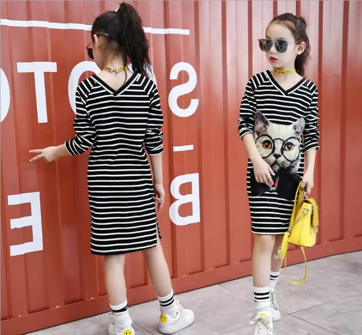 Children's dress Girls Spring and Autumn striped letter in the long casual blouse shirt Middle school student clothes - Color: black