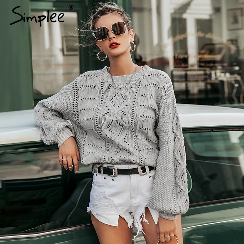 Simplee Autumn winter women knitted sweater Elegant lantern sleeve thick female sweater Hollow out fashion ladies sweater