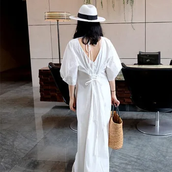 

Korea 2020 New Summer Fashion Women Clothing White V Collar Dress Backless Lantern Sleeves Pullover Vestido Y084
