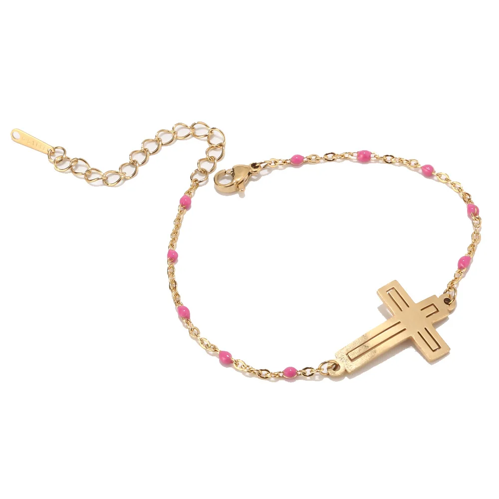 Gold Pink Нержавеющая сталь крест Золотая цепь регулируемый браслет с бусинами из нержавеющей стали бисерные женские браслеты для женщин христианские подарки - Окраска металла: Gold Pink