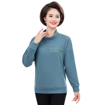 

Winter Warm Alpaca Velvet T-shirts For Women Turtleneck Long Sleeve Middle Aged Mother Clothing Letter Embroidery Loose Tee Tops