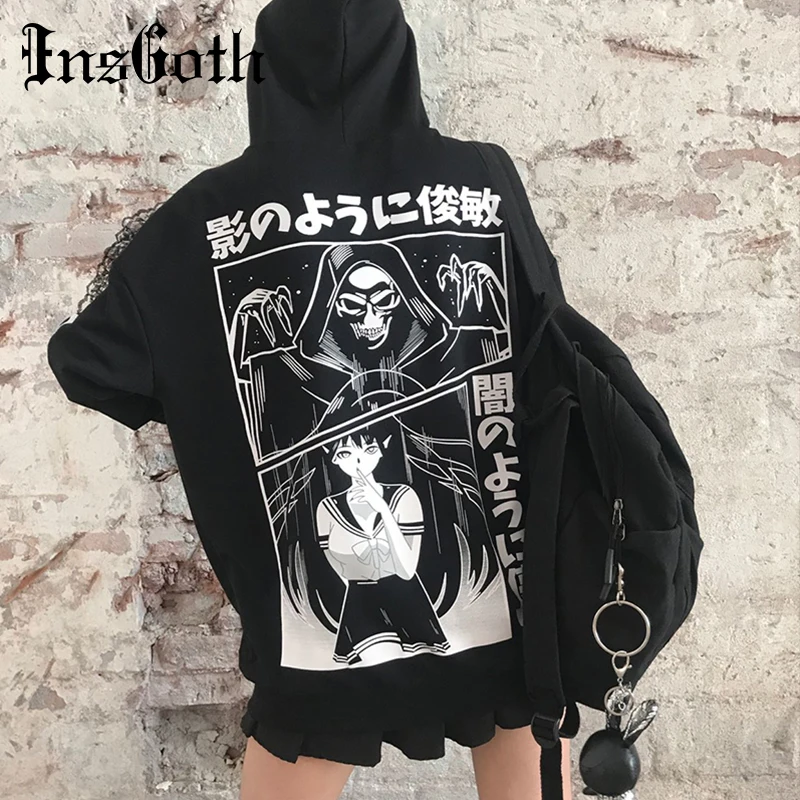  InsGoth Harajuku Grunge Loose Black Hoodie Women Sweatshirt Gothic Streetwear Punk Pullover Cartoon