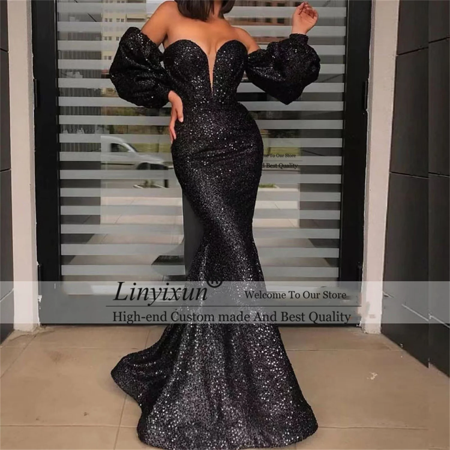 Sparkly Sequin Mermaid Prom Dresses Sweethear Long Sleeve Fromal Evening Party Gowns Sexy Court Train Plus Size Robes de soirée Prom Dresses Prom Dresses