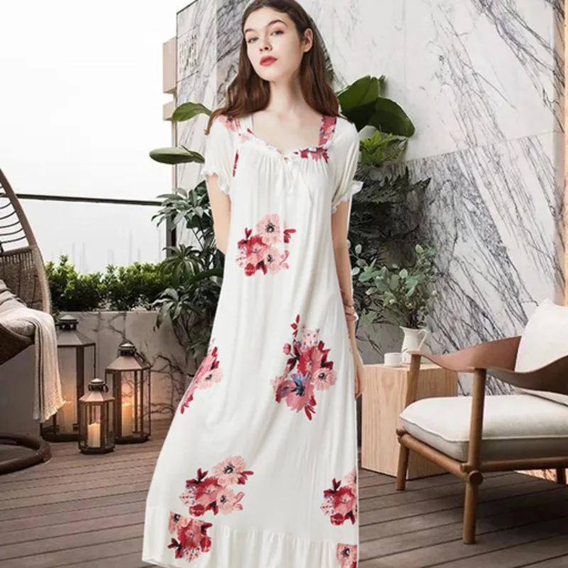 New Modal Nightdress Women Short Sleeve Gradient Long Sleepdress Nightgown Breathable Elastic Collar Floral Sleepwear Loungewear