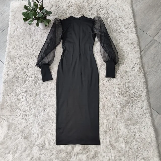 Mesh Puff Long Sleeve Bodycon Midi Dress Women High Neck Sexy Clubwear Split Pencil Black Slim Women's Party Dress 2022 Robe 4