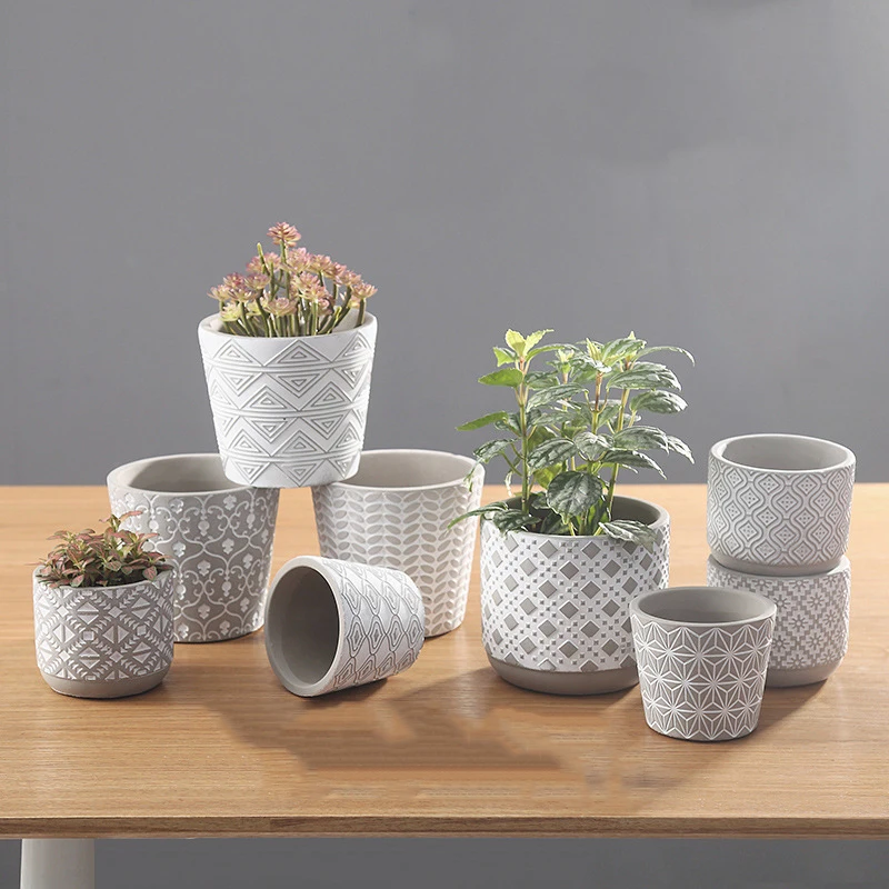 

T4U cement Carved Serial succulent planter Plant Pot Cactus bonsai Pot Flower Pot Container garden nordic decoration home