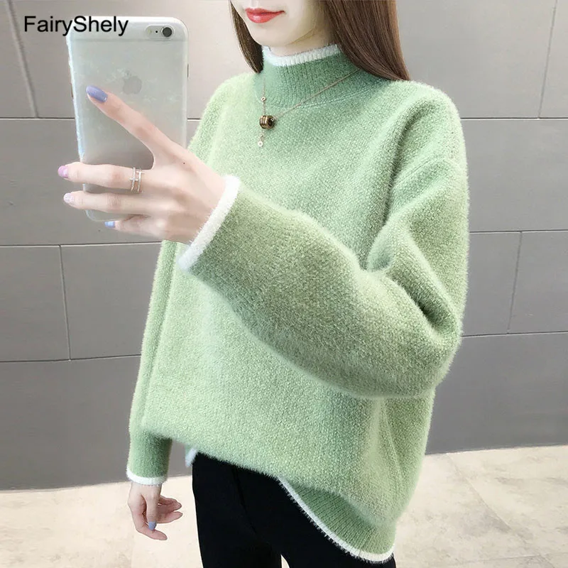 Green Sweater FairyShely, повседневный кашемировый свитер для женщин, зимний теплый джемпер, Свободный вязаный свитер с высоким воротом, пуловер, Топ для женщин - Цвет: Green Sweater