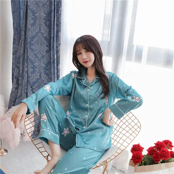 

Spring Autumn Women Pajamas Sets with Pants Sexy Silk Ladies Satin Nightwear Robe Pijama Long Sleeve Sleepwear Pyjama Femme