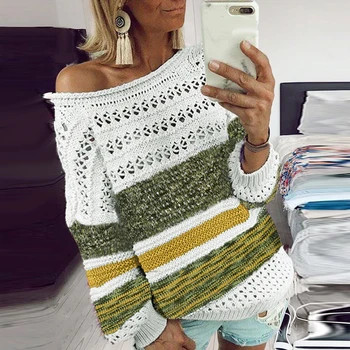 

Sweaters Women Winter O Neck Long Sleeve Stripes Print Hollow out Sweater Plus Size Sweaters Knitwear Pullovers Ladies Sweaters