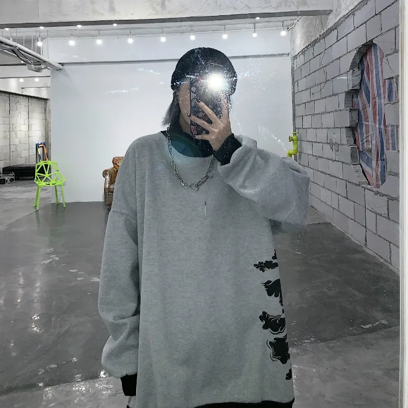 Уличная одежда больших размеров для женщин Harajuku граффити Графический контрастный принт Толстовка пуловер с капюшоном водолазка теплый флисовый Топ корейский