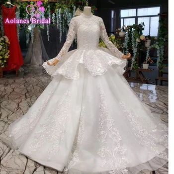 شراءفاخر مطرز عالية الرقبة الدانتيل فستان الزفاف مسلم الزفاف زين الدانتيل الكرة ثوب فستان عروس Vestido De Noiva
