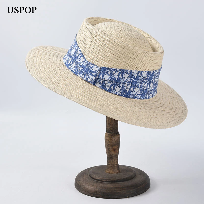 

USPOP 2020 New women sun hats wide brim summer hats natural straw hats print ribbon beach hat