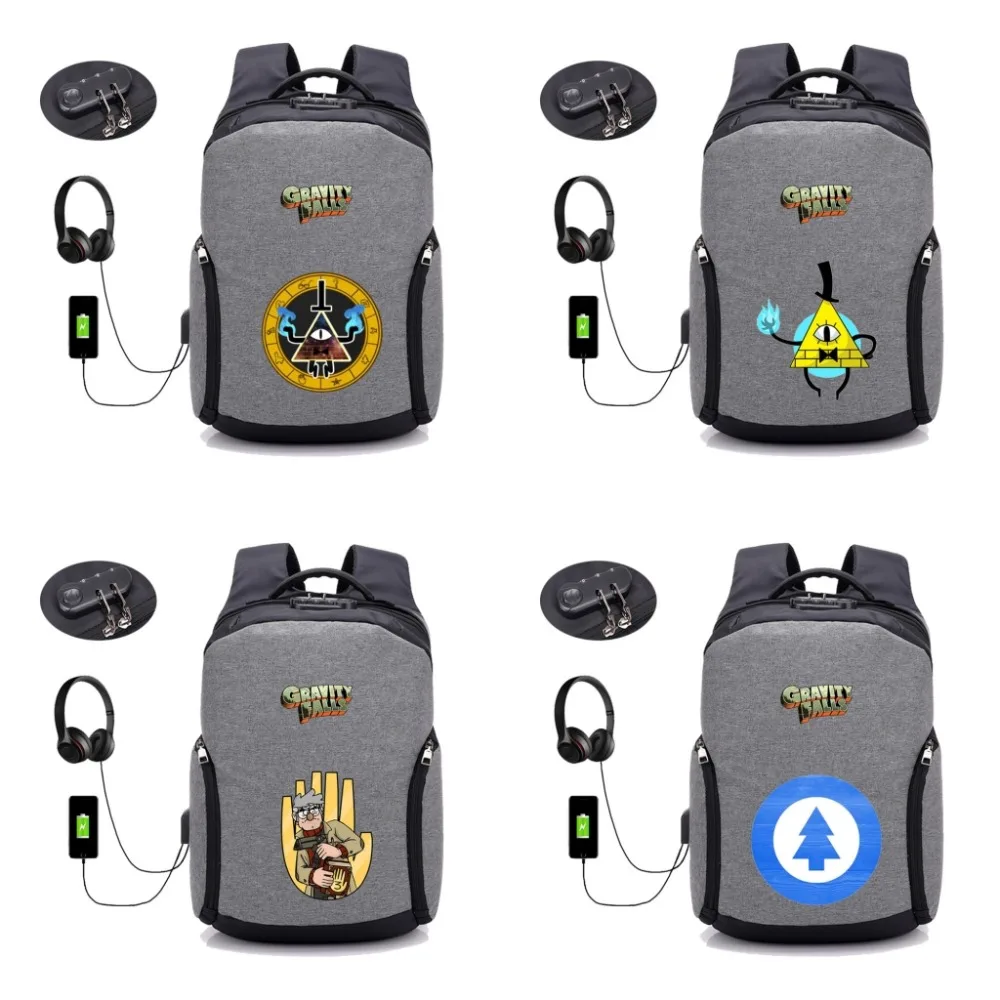 

Game anime Gravity Falls backpack USB USB Charging password lock men women travel Laptop Bag student book bag School Bags bag