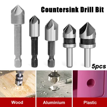 

5-Piece Countersink Drill Bit 82-Degree 1/4" Shank Five-Flute HSS Punch Tool Set Woodworking Tool
