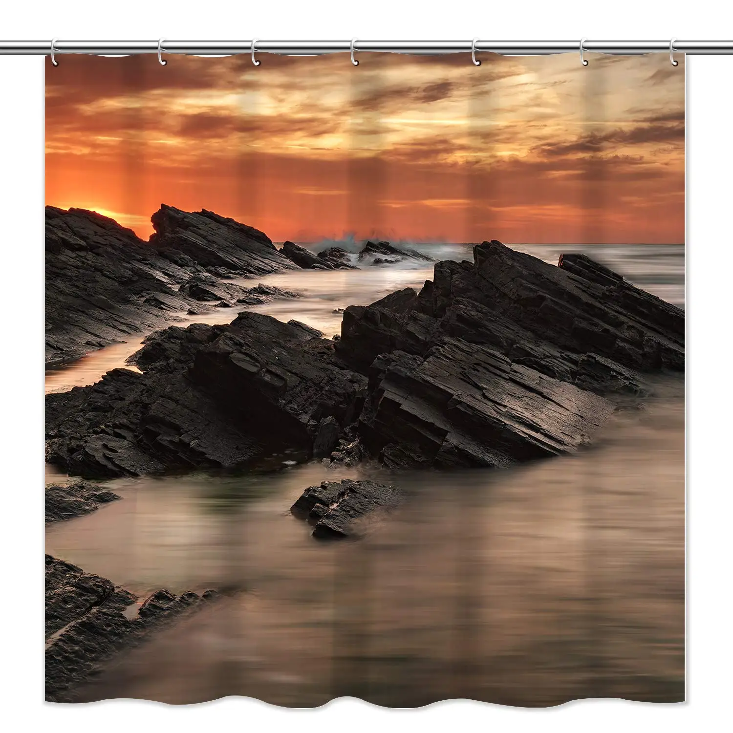 

Cool Nature Mountain Scenery Shower Curtain Sets, Sunset Reef Tide Rustic Landscape Polyester Waterproof Bathroom Curtain with