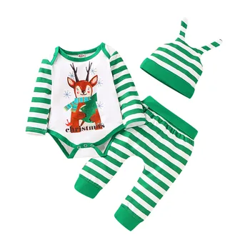 

3PCS Set Christmas Newborn Baby Boy Girl Long Sleeve Deer Print Bodysuit Tops Striped Long Pant Hat Outfits Xmas Clothes