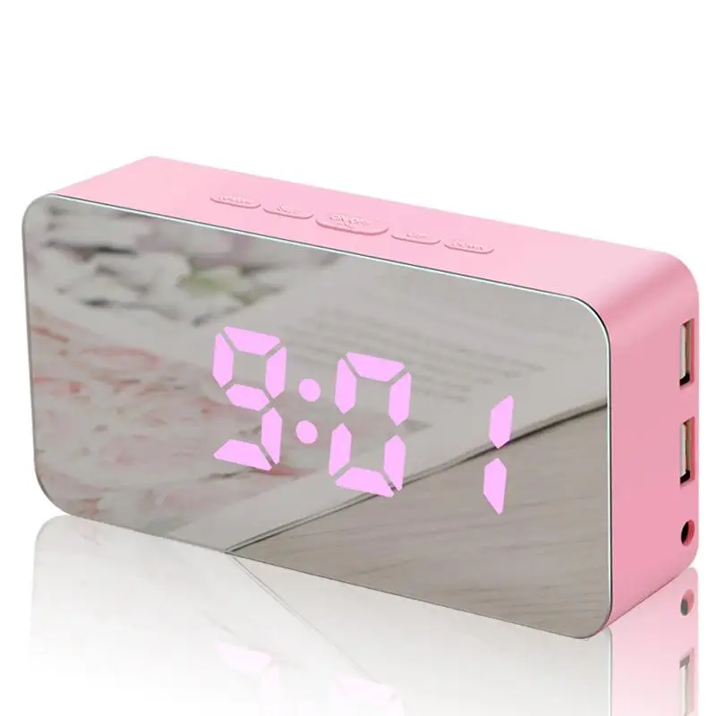 LED Color-changing Digital Table Alarm Clock Mirror Clocks Mobile Phone Charging Snooze Voice-activated Mirror Bedside Clock - Цвет: Розовый