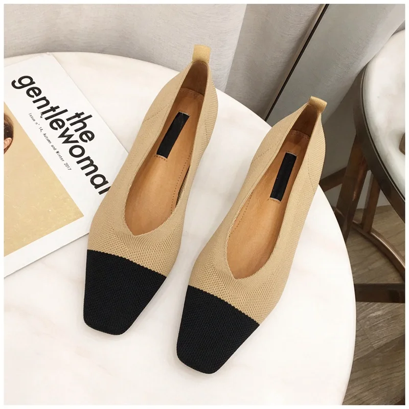 Bailehou New Female Slip On Flat Loafers Stretch Fabric Casual Flat Shoes Square Toe Shallow Ballet Flats Shoes Women Boat Shoes - Цвет: apricot