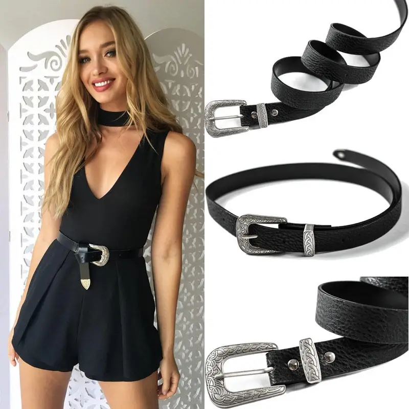 

Fashion Women Vintage Metal Buckle Boho Leather Waist Belt Waistband High Quality Belt Vintage Black