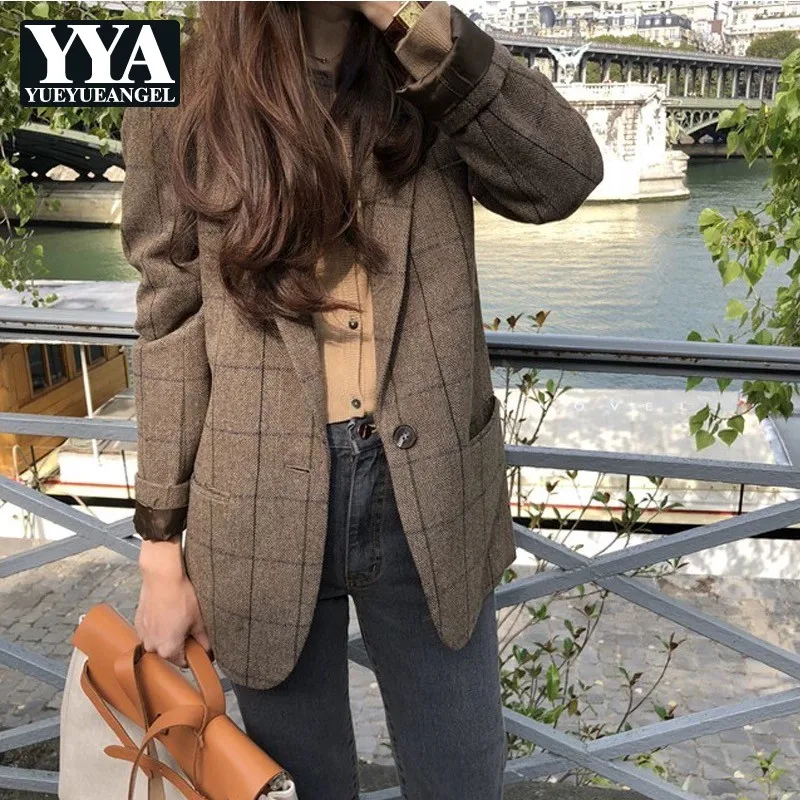 

Women Autumn Winter Casual Wool Blazer Jacket Thick Padded British Plaid Suits Coat Vintage Loose Fit Office Lady Woolen Blazer