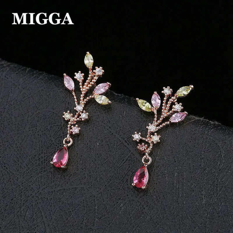

MIGGA Designer Multicolor Stone Cubic Zircon Earrings for Women Rose Gold Color Branch Water Drop Dangler
