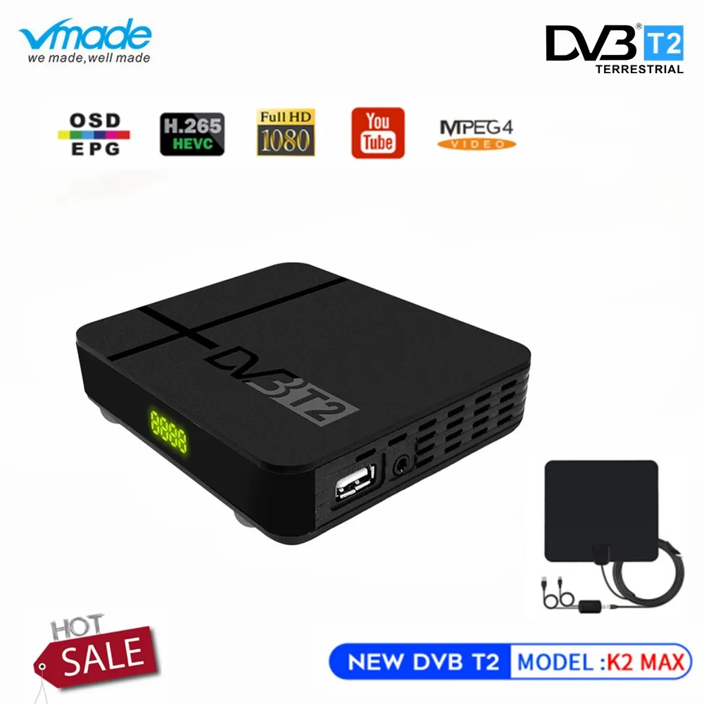 Vmade Full HD цифровой DVB-T2 K2 MAX наземный ТВ приемник тюнер Встроенный RJ45 LAN Поддержка H.265 IP tv DVB T2 ТВ коробка+ ТВ антенна