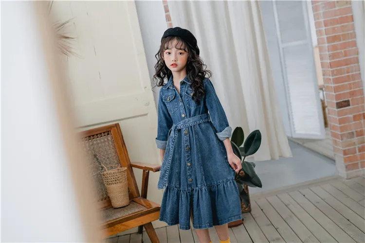 Коллекция года, осенние модные платья для отдыха для девочек Ковбойское платье с длинными рукавами для маленьких девочек, детское джинсовое хлопковое платье с поясом,#8016