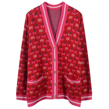 

Runway Single Breasted Cherry Women Cardigan Autumn Winter Pockets Knitted Striped Sweater Coat Drop Sleeve Lady Oversized Top