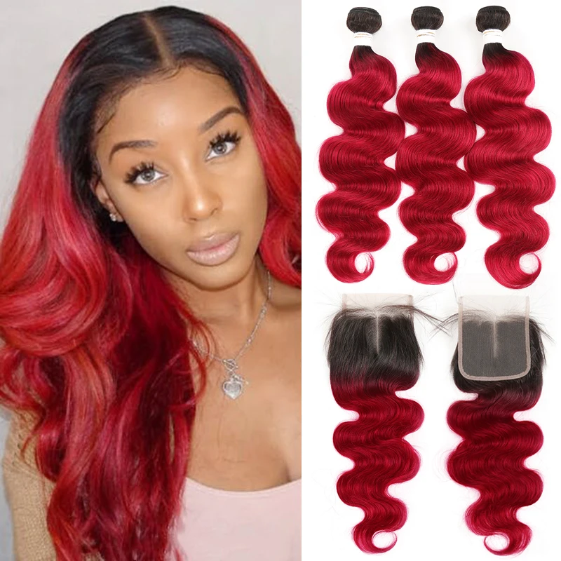 Brazilian Human Hair Bundles With Closure 4x4 Ombre Red Pre-Colored Body Wave Human Hair Weave 3 Bundles With Closure Non-Remy