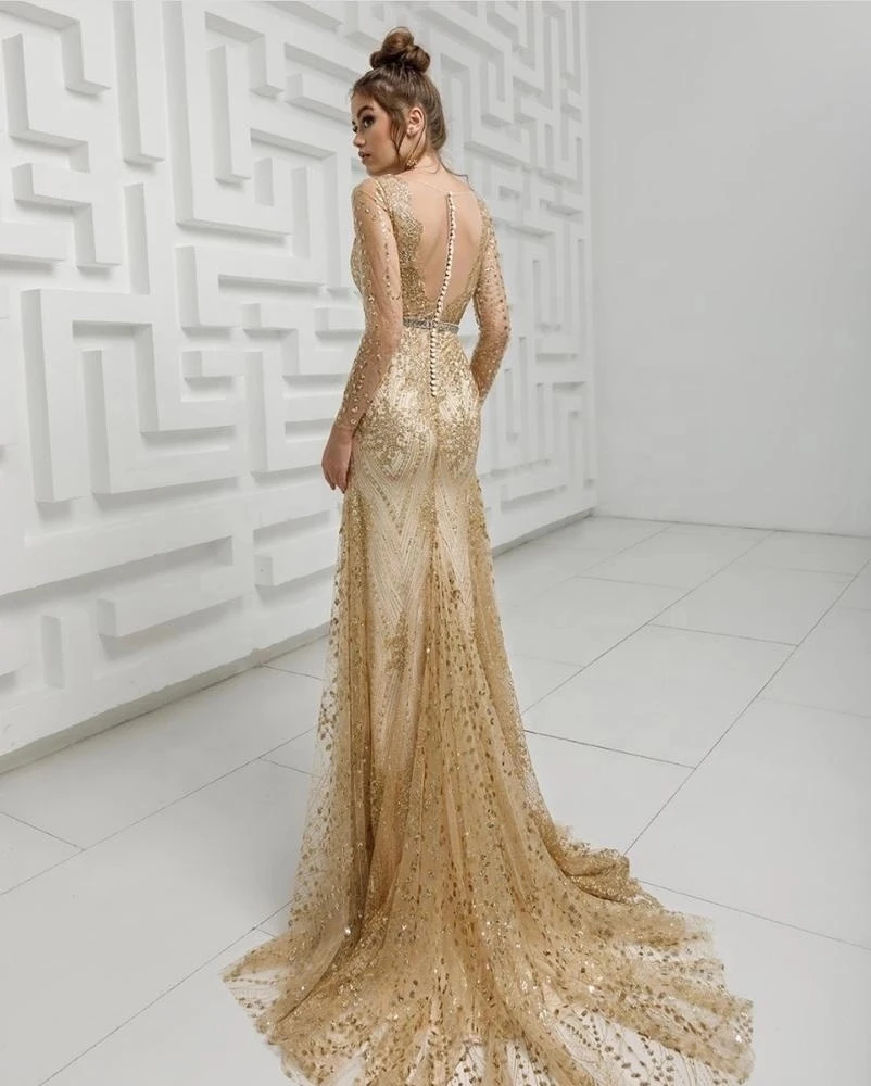 New Golden Long Sleeve Evening Dress Mermaid Elegant Luxury Beading Lady Formal Prom Gowns Vestidos de fiesta