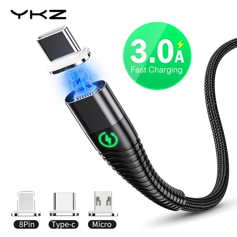 YKZ светодиодный магнитный кабель USB type C провод Microusb 3A кабель для быстрой зарядки для Apple телефона samsung huawei Магнитный шнур для передачи данных